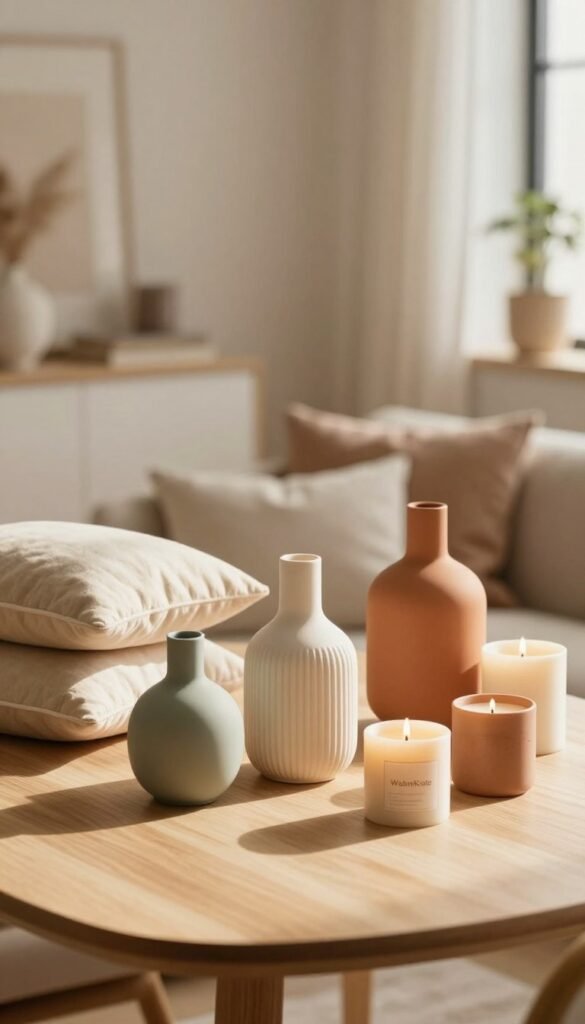 A beautifully arranged still life setup featuring a selection of decorative home products, highlighting key purchasing criteria. In the foreground, showcase a variety of aesthetically pleasing decor items like cushions, vases, and candles, all in warm colors to evoke a cozy atmosphere. The middle ground should feature a soft, natural wooden table with gentle lighting casting warm shadows, creating a homely feel. In the background, a softly blurred, elegantly decorated living space can be seen, enhancing the overall Pinterest-like aesthetic. Use a shallow depth of field for focus on the products, ensuring a serene and inviting mood. The brand name "WohnKiste" should subtly blend into the decor without any text overlays.
