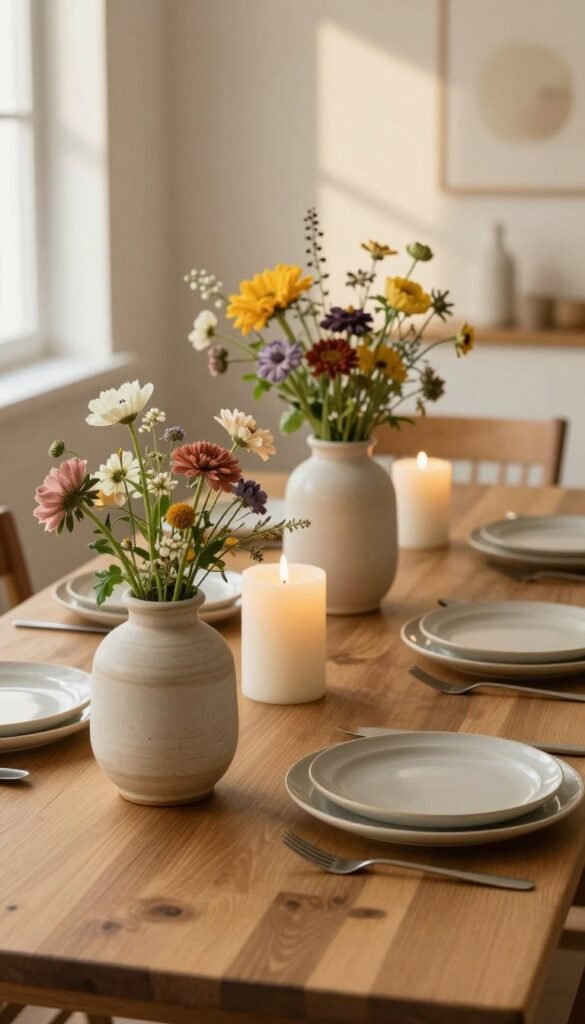 A beautifully arranged table decoration that showcases elegant, everyday suitable decor ideas for home styling, featuring a wooden table in warm, inviting tones. In the foreground, there are rustic ceramic vases filled with fresh seasonal flowers and candles, creating a cozy atmosphere. The middle ground displays charming tableware, including simple yet stylish plates and cutlery that emphasize functionality and aesthetics. The background has soft natural lighting filtering through a window, casting gentle shadows and adding warmth to the scene. The overall mood is inviting, authentic, and harmonious, reminiscent of popular Pinterest aesthetics. The brand name "WohnKiste" subtly integrated into the arrangement suggests quality and care in decoration choices, embodying warmth and everyday practicality, without any text or overlaid elements.