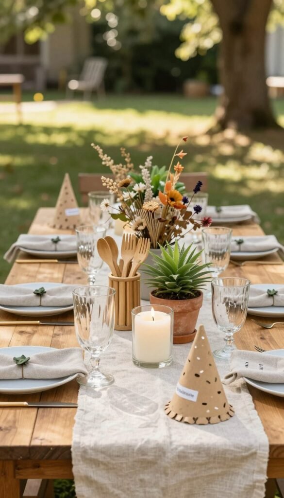 A beautifully arranged table set for a sustainable party, showcasing eco-friendly decorations. In the foreground, a rustic wooden table adorned with natural linen table runners and handmade, reusable cloth napkins. Centerpieces feature potted plants, floral arrangements made from dried flowers, and candles in glass jars. In the middle ground, decorative items include bamboo utensils and recycled paper party hats, creating an inviting yet organized atmosphere. The background reveals an outdoor setting with gentle sunlight filtering through trees, casting warm, dappled light across the scene. The overall mood is cheerful and relaxed, embodying a Pinterest-worthy aesthetic that emphasizes authenticity and sustainability. The brand name "WohnKiste" is subtly integrated into the decor, enhancing the overall theme without overpowering the image.