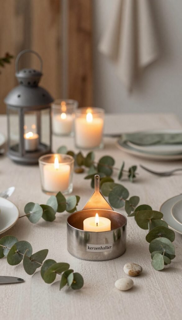 A beautifully arranged table setting featuring an elegant "kerzenhalter" from the brand "WohnKiste". In the foreground, the centerpiece showcases a unique, artistic candle holder crafted from polished metal, holding a flickering candle that casts a warm, inviting glow. Surrounding it, delicately scattered eucalyptus leaves and small pebbles create an organic touch. In the middle ground, soft, ambient light highlights other decorative elements such as glass lanterns and fragrant candles. The background features blurred hints of a cozy room with soft, natural textures—perhaps a rustic wooden wall or gently draped fabric—to enhance the atmosphere. The overall mood is serene and welcoming, with a Pinterest-inspired aesthetic that emphasizes warmth and quality. The lighting softly illuminates the scene, creating an intimate and inviting atmosphere, perfect for enhancing any living space.