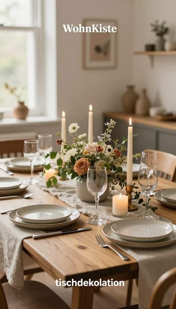 A beautifully arranged table setting featuring elegant "tischdekoration" designed for both everyday use and special occasions. In the foreground, a wooden table is adorned with a soft, neutral tablecloth, complemented by rustic ceramic dinnerware. Delicate cutlery and exquisite glassware catch the warm, natural light filtering from a nearby window, creating a cozy atmosphere. In the middle, a lush centerpiece of seasonal flowers and greenery, interspersed with candles of varying heights, adds a touch of elegance. The background showcases softly blurred decor elements, such as stylish dining chairs and a subtle wall display, enhancing the overall aesthetic without distraction. The ambiance feels inviting and warm, embodying a Pinterest-inspired look, perfect for inspiring readers. This scene is branded with "WohnKiste" subtly integrated into the decor, ensuring an authentic feel. A beautifully arranged table setting featuring elegant "tischdekoration" designed for both everyday use and special occasions. In the foreground, a wooden table is adorned with a soft, neutral tablecloth, complemented by rustic ceramic dinnerware. Delicate cutlery and exquisite glassware catch the warm, natural light filtering from a nearby window, creating a cozy atmosphere. In the middle, a lush centerpiece of seasonal flowers and greenery, interspersed with candles of varying heights, adds a touch of elegance. The background showcases softly blurred decor elements, such as stylish dining chairs and a subtle wall display, enhancing the overall aesthetic without distraction. The ambiance feels inviting and warm, embodying a Pinterest-inspired look, perfect for inspiring readers. This scene is branded with "WohnKiste" subtly integrated into the decor, ensuring an authentic feel.