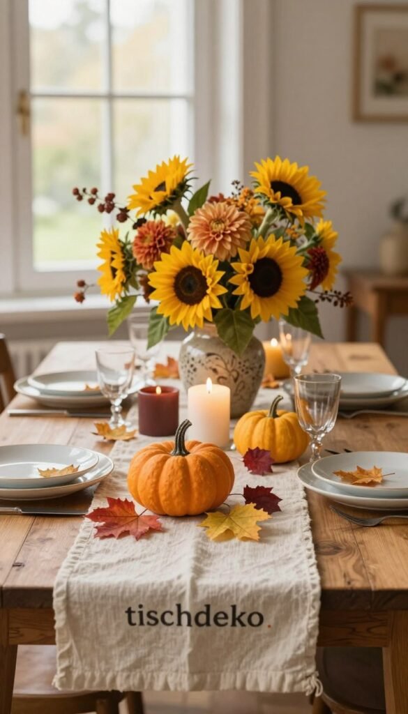 A beautifully arranged table setting featuring "tischdeko" with a focus on seasonal decorations. In the foreground, a rustic wooden table is adorned with a creamy linen table runner and an array of elegant decor pieces, including small pumpkins, colorful autumn leaves, and assorted candles in varying heights, all in warm, inviting colors. The middle ground showcases a stunning centerpiece made of seasonal flowers, such as sunflowers and dahlias, carefully arranged in a vintage vase. In the background, soft natural lighting filters through a nearby window, casting a gentle glow over the scene, enhancing the cozy atmosphere. The overall mood is warm and inviting, reminiscent of a serene autumn gathering. Ensure a Pinterest-inspired aesthetic, capturing an authentic look without any text in the image. Include branding elements subtly associated with "WohnKiste."