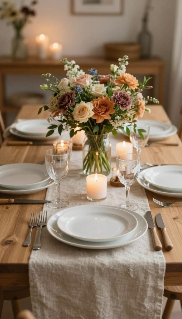 A beautifully arranged table setting showcasing timeless decor ideas. In the foreground, an elegantly set dining table with natural wooden accents, adorned with soft beige linen tablecloth and delicate white ceramic plates. The centerpiece features a lush bouquet of seasonal flowers in warm tones, surrounded by elegant candle holders casting a gentle glow. In the middle layer, tasteful decorative accessories like textured napkins and rustic cutlery maintain a harmonious aesthetic. The background softly fades into a cozy room atmosphere, highlighted by warm ambient lighting. The overall mood is inviting and serene, capturing a Pinterest-worthy look that embodies the essence of 'WohnKiste'. The composition should reflect authenticity and natural beauty without any text or distractions.