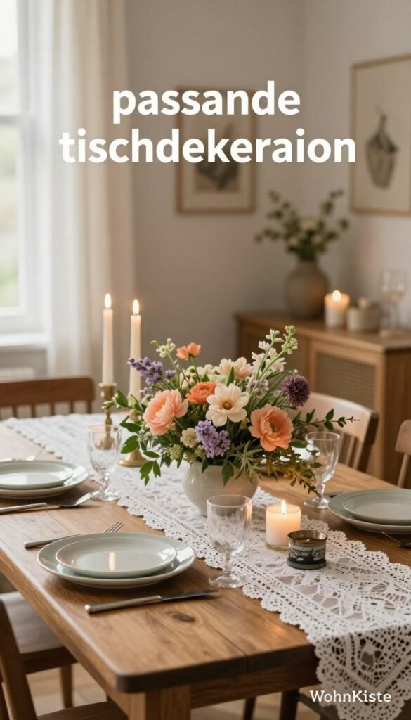 A beautifully arranged table setting that embodies "passende tischdekoration" with a warm, inviting atmosphere. In the foreground, a rustic wooden table adorned with delicate white lace table runners, chic ceramic plates in soft pastel colors, and elegant cutlery. Vibrant floral centerpieces featuring fresh seasonal blooms in hues of peach, lavender, and greenery create a focal point. The middle ground should include carefully placed candles in vintage holders, casting a warm glow. In the background, a softly lit, cozy dining room featuring neutral-toned walls and stylish decor that echoes a Pinterest aesthetic. Natural light filters through sheer curtains, enhancing the mood of comfort and authenticity. Ensure the atmosphere feels relaxed yet sophisticated, showcasing the brand "WohnKiste". No text, logos, or watermarks in the image.