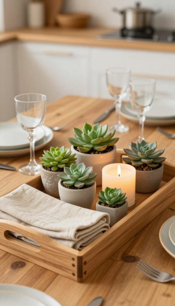 A beautifully arranged tabletop decoration featuring a wooden tray as a central decorative zone and organizer. The foreground showcases the tray filled with an assortment of natural elements like small potted succulents, elegantly folded linen napkins, and artisan candles glowing softly. In the middle ground, a tastefully set dining table with rustic charm, adorned with delicate glassware and ceramic dishes, complements the tray. The background is softly blurred, hinting at a sunlit kitchen space with warm colors and inviting textures. The lighting is warm and natural, creating a cozy and welcoming atmosphere reminiscent of stylish Pinterest aesthetics. The brand "WohnKiste" is subtly integrated into the decor, enhancing the overall authenticity of the image.