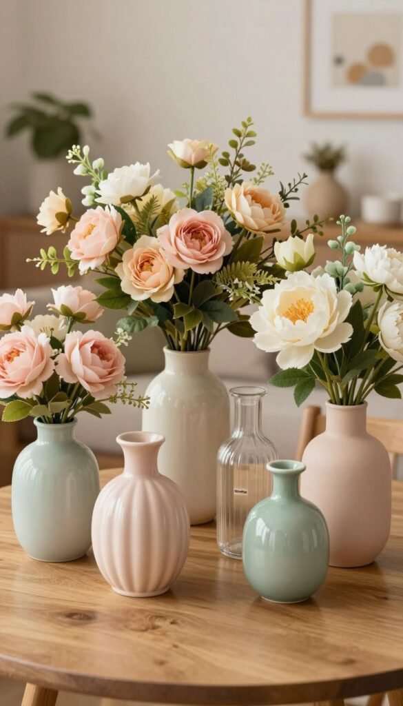 A beautifully arranged tabletop featuring elegant vases and artificial flowers that bring an instant touch of freshness. In the foreground, a variety of stylish vases in soft pastel colors, some made of ceramic, others in glass, showcasing unique shapes and designs. The middle ground features lush, lifelike artificial flowers including roses, peonies, and greenery, carefully placed for a harmonious composition. The background softly fades into a cozy, well-decorated living space with warm lighting, evoking a welcoming atmosphere. This scene captures the essence of effortless decor for small apartments, reflecting a Pinterest-inspired aesthetic that exudes authenticity. Emphasize the brand name "WohnKiste" subtly incorporated in the composition, ensuring no text, watermarks, or signatures are present.