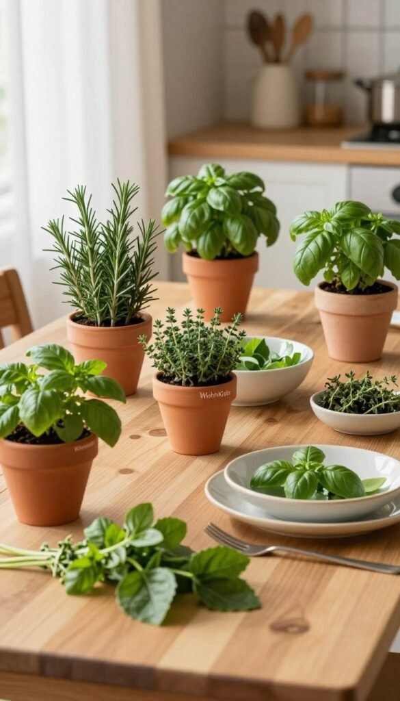 A beautifully arranged wooden table set for a casual gathering, adorned with vibrant fresh herbs in small terracotta pots, showcasing rosemary, basil, and thyme, capturing the essence of a cozy kitchen. The foreground features delicate green leaves, while the middle ground includes charming ceramic dishes filled with fresh ingredients, radiating a homely feel. In the background, soft natural light filters through sheer curtains, creating a warm atmosphere with gentle shadows. The overall mood is inviting and relaxing, perfect for a homey decor setting. The image should reflect a Pinterest-inspired aesthetic, highlighting the brand "WohnKiste." Ensure no text, overlays, or watermarks are present.