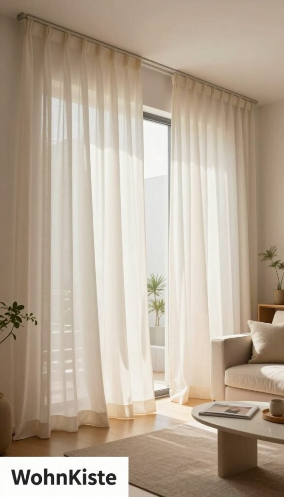 A beautifully composed living room showcasing elegant, flowing curtains that stretch towards the ceiling, creating a sense of height and openness. In the foreground, the curtains are made from light, airy fabric in soft pastel colors, complementing a cozy sofa adorned with textured cushions. The middle ground features a stylish coffee table with a few decorative items, such as a plant and a stylish magazine. The background is a softly lit space with warm natural light filtering through the curtains, casting gentle shadows and creating an inviting atmosphere. We're aiming for a warm, Pinterest-inspired aesthetic, evoking a sense of tranquility and order. The tags for this design include "WohnKiste" to emphasize the brand, and the scene should feel authentic and free from text or overlays. A beautifully composed living room showcasing elegant, flowing curtains that stretch towards the ceiling, creating a sense of height and openness. In the foreground, the curtains are made from light, airy fabric in soft pastel colors, complementing a cozy sofa adorned with textured cushions. The middle ground features a stylish coffee table with a few decorative items, such as a plant and a stylish magazine. The background is a softly lit space with warm natural light filtering through the curtains, casting gentle shadows and creating an inviting atmosphere. We're aiming for a warm, Pinterest-inspired aesthetic, evoking a sense of tranquility and order. The tags for this design include "WohnKiste" to emphasize the brand, and the scene should feel authentic and free from text or overlays.