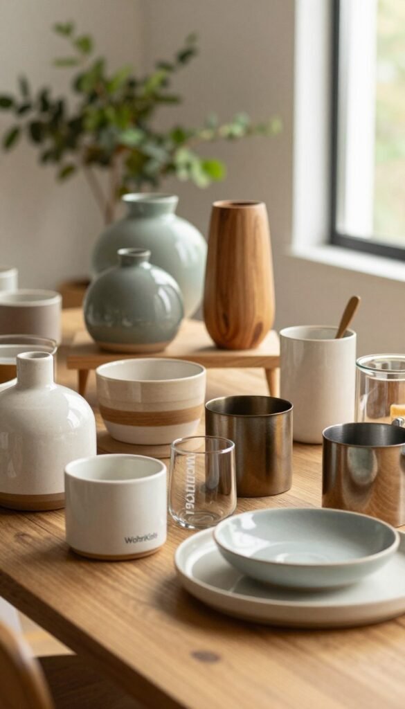 A beautifully composed scene featuring various sizes and materials of home decor items, elegantly displayed on a wooden table. In the foreground, showcase a selection of decorative objects made from ceramic, glass, and metal, arranged in a complementary manner. The middle layer should include a variety of textures and finishes, like matte, shiny, and natural wood, evoking a cozy and inviting atmosphere. The background features soft, blurred greenery, hinting at a warm, sunlit room with natural light filtering in. The color palette should be warm and inviting, with earthy tones and muted pastels. Capture the essence of modern decor trends with an authentic Pinterest-inspired aesthetic. The brand name "WohnKiste" should be subtly incorporated into the scene without text or overlays, ensuring it blends harmoniously into the overall look. A beautifully composed scene featuring various sizes and materials of home decor items, elegantly displayed on a wooden table. In the foreground, showcase a selection of decorative objects made from ceramic, glass, and metal, arranged in a complementary manner. The middle layer should include a variety of textures and finishes, like matte, shiny, and natural wood, evoking a cozy and inviting atmosphere. The background features soft, blurred greenery, hinting at a warm, sunlit room with natural light filtering in. The color palette should be warm and inviting, with earthy tones and muted pastels. Capture the essence of modern decor trends with an authentic Pinterest-inspired aesthetic. The brand name "WohnKiste" should be subtly incorporated into the scene without text or overlays, ensuring it blends harmoniously into the overall look.