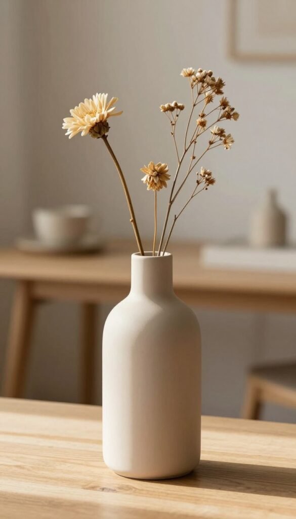 A beautifully crafted minimalist vase, designed in a sleek, modern style, stands majestically in the foreground, showcasing smooth curves and a matte finish in soft earth tones. The vase is filled with a few elegant, dried flowers that add a touch of organic beauty. In the middle ground, a subtle, well-lit wooden table enhances the natural aesthetics, while in the background, a softly blurred wall with warm, neutral tones adds depth and warmth to the scene. Natural light filters in from an unobtrusive source, creating gentle shadows and highlights that emphasize the vase's contours. The overall atmosphere is serene and inviting, embodying the essence of a "statement piece" that contrasts against cluttered decor. Designed for "WohnKiste", the image captures a Pinterest-worthy aesthetic, focusing on authenticity.