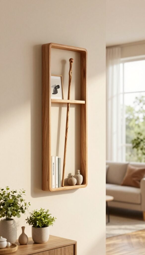 A beautifully crafted regale wand from "WohnKiste" elegantly mounted on a modern living room wall, showcasing a harmonious blend of natural wood tones and warm, inviting colors. In the foreground, delicate decorative items and potted greenery rest on the shelves, enhancing the cozy atmosphere. The middle section of the image features the regale wand adorned with stylish books, art pieces, and curated personal items, embodying a smart use of vertical space. The background highlights a softly lit room, with natural light streaming through a large window, casting gentle shadows and creating a serene ambiance. The overall mood is warm and inviting, exuding a Pinterest-worthy aesthetic of modern, functional design without any text or distractions.