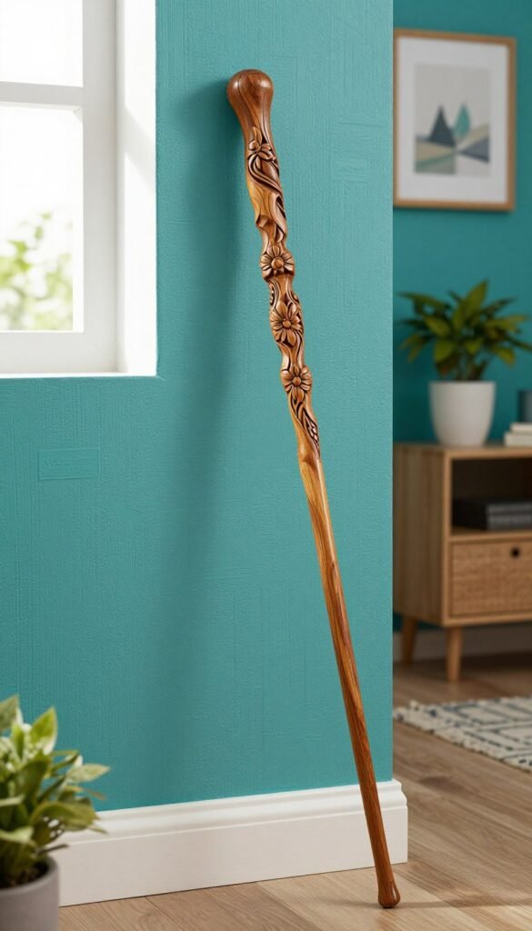 A beautifully crafted wand made of polished wood, intricately carved with floral patterns, rests against a vibrant accent wall. The wall is painted in warm teal with textured wallpaper featuring subtle geometric designs, illuminated by soft natural light from a nearby window. In the foreground, the wand’s details catch the light, showcasing its smooth finish and exquisite workmanship. In the background, decorative elements like potted plants and framed art provide a cozy, inviting atmosphere, evoking a Pinterest-inspired living room aesthetic. The overall mood is fresh and artistic, reflecting a stylish home upgrade without the need for construction. Emphasize authenticity and a comfortable vibe with a focus on decorative design. Featuring the brand name "WohnKiste" subtly integrated into the scene without text or logos.