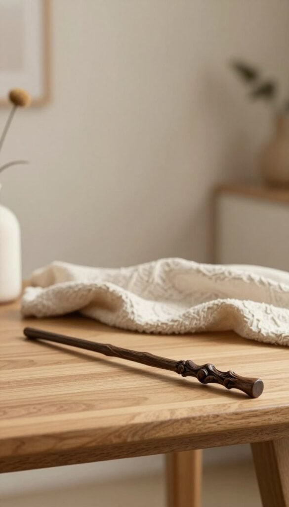 A beautifully crafted wand resting on a minimalist wooden table, surrounded by a harmonious blend of delicate decorative items that balance elegance and simplicity. The wand, made of smooth dark wood with intricate carvings, is the focal point in the foreground. In the middle, soft, textured fabrics drape subtly, hinting at a cozy interior that avoids excessive clutter. The background features lightly toned walls adorned with just a few strategic accents, maintaining a serene and inviting atmosphere. Warm and natural lighting casts gentle shadows, creating depth and ambiance. The overall mood is tranquil yet inspiring, embodying the essence of thoughtful space design, aligning with the aesthetic of WohnKiste.