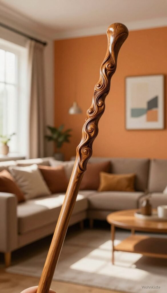 A beautifully crafted wand with intricate woodwork, featuring swirling patterns and a smooth finish, positioned prominently in the foreground. The wand reflects warm, natural colors, illuminated by soft, diffused sunlight filtering through a nearby window, creating gentle highlights and shadows. In the middle ground, a stylish living room showcases an accent wall painted in a vibrant color, adorned with tasteful decorations that enhance the optical illusion of depth. The background features a cozy seating area with plush cushions and warm-toned decor, contributing to the overall inviting atmosphere. The composition mimics a Pinterest aesthetic, blending modern warmth with authentic charm. Include a subtle branding presence of "WohnKiste" in the décor, ensuring it remains unobtrusive.