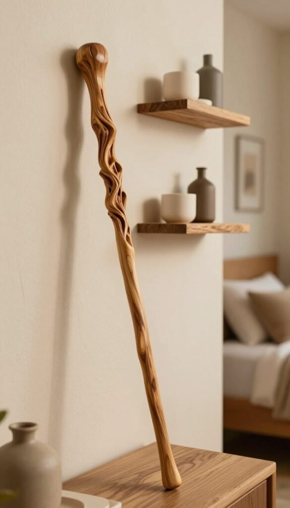 A beautifully crafted wooden wand rests elegantly against a textured wall, showcasing intricate carvings that capture both modern and rustic design elements. In the foreground, the wand is illuminated by soft, warm light, enhancing the natural wood grain and highlighting its unique details. In the middle ground, the wall features a series of stylish shelving and minimalistic decor items, providing an organized yet artistic appearance, embodying the concept of creating order and a coherent style. The background reveals a softly blurred bedroom ambiance, with warm colors and natural materials that evoke a cozy, inviting atmosphere. The image embodies the essence of "WohnKiste" with its Pinterest-worthy aesthetic, exuding authenticity and simplicity, free from any text or distractions. A beautifully crafted wooden wand rests elegantly against a textured wall, showcasing intricate carvings that capture both modern and rustic design elements. In the foreground, the wand is illuminated by soft, warm light, enhancing the natural wood grain and highlighting its unique details. In the middle ground, the wall features a series of stylish shelving and minimalistic decor items, providing an organized yet artistic appearance, embodying the concept of creating order and a coherent style. The background reveals a softly blurred bedroom ambiance, with warm colors and natural materials that evoke a cozy, inviting atmosphere. The image embodies the essence of "WohnKiste" with its Pinterest-worthy aesthetic, exuding authenticity and simplicity, free from any text or distractions.