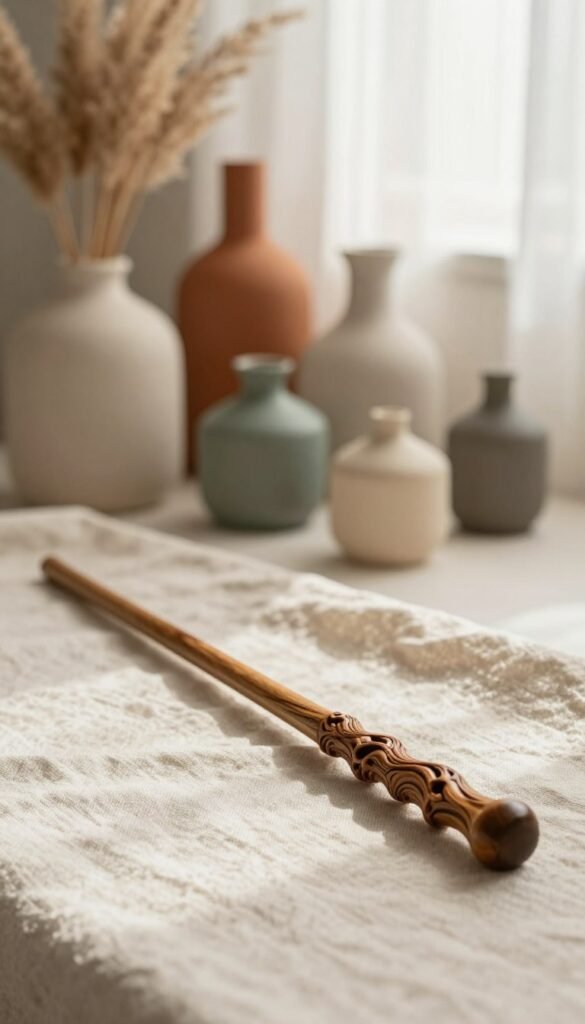 A beautifully crafted wooden wand, with intricate carvings and a polished finish, resting elegantly on a soft, natural linen fabric. The wand is placed in the foreground, capturing the fine details of its design. In the middle ground, a softly blurred collection of interchangeable decorative elements—such as vases and figurines—showcasing different styles and colors typical for various rooms in a home. The background features a warm, inviting room with soft lighting filtering through sheer curtains, creating a cozy atmosphere. The image has a Pinterest-inspired aesthetic, emphasizing natural colors and textures. No text or watermarks are included. This composition is a perfect representation of the brand WohnKiste, highlighting versatility in home decoration.