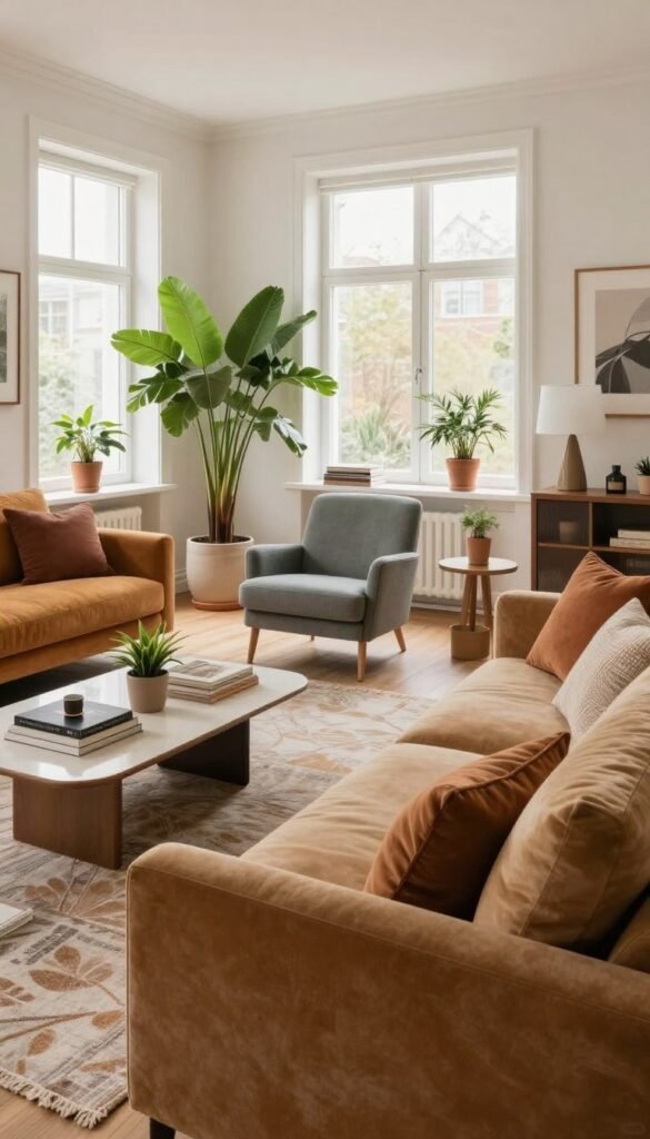 A beautifully curated Wohnzimmer designed by WohnKiste, showcasing a harmonious blend of low, mid, and high-budget elements. In the foreground, a comfortable, stylish sofa with plush cushions in warm, inviting tones welcomes the viewer. To the left, a modern coffee table adorned with tasteful decor items like books and a small plant adds a personal touch. The middle ground features a chic area rug that anchors the space, complemented by accent chairs in contrasting fabrics that invite relaxation. In the background, large windows bathe the room in soft, natural light, enhancing the cozy atmosphere. Lush green plants are strategically placed, adding freshness. Capture this scene with a wide lens, emphasizing warmth and authenticity, avoiding text and ensuring a Pinterest-inspired aesthetic.