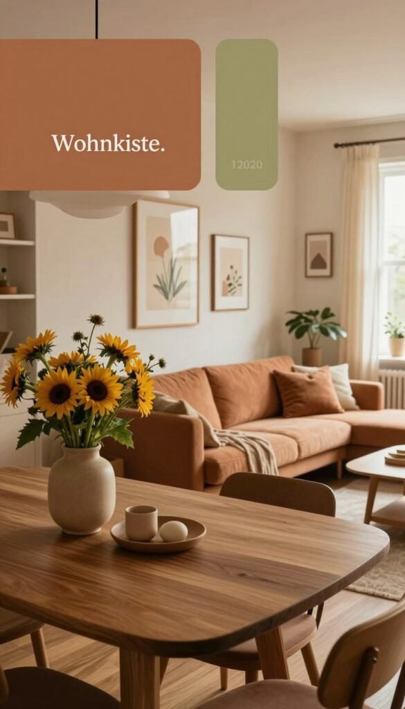 A beautifully curated interior scene inspired by the analog color concept, featuring neighbor colors in warm hues like soft terracotta, warm beige, and earthy greens. In the foreground, a stylish wooden table adorned with minimalistic decor pieces and a cozy vase filled with sunlit wildflowers. The middle ground showcases a comfortable living area with a plush sofa in a complementary earthy tone, surrounded by tasteful wall art that enhances the harmonious color scheme. The background reveals a sunlit window casting gentle light across the space, creating a feeling of warmth and tranquility. The overall mood is inviting and serene, perfect for a harmonious living environment. The aesthetic reflects a Pinterest-inspired look with authentic details, embodying the brand "Wohnkiste." A beautifully curated interior scene inspired by the analog color concept, featuring neighbor colors in warm hues like soft terracotta, warm beige, and earthy greens. In the foreground, a stylish wooden table adorned with minimalistic decor pieces and a cozy vase filled with sunlit wildflowers. The middle ground showcases a comfortable living area with a plush sofa in a complementary earthy tone, surrounded by tasteful wall art that enhances the harmonious color scheme. The background reveals a sunlit window casting gentle light across the space, creating a feeling of warmth and tranquility. The overall mood is inviting and serene, perfect for a harmonious living environment. The aesthetic reflects a Pinterest-inspired look with authentic details, embodying the brand "Wohnkiste."