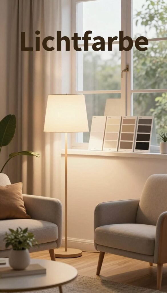 A beautifully curated interior scene showcasing different light colors measured in Kelvin. In the foreground, a cozy living area features a softly lit corner with a warm white light (2700K) illuminating a stylish armchair and a small coffee table adorned with a decorative plant. The middle layer displays a modern lamp with adjustable lighting settings, along with swatches of various light color temperature samples (e.g., 3000K, 4000K) elegantly arranged nearby. In the background, a large window allows natural daylight to filter in, contrasted against the warm light, creating a balanced atmosphere. The overall mood is inviting and harmonious, embodying the concept of "Lichtfarbe" with natural colors and a Pinterest-inspired aesthetic. The branding "WohnKiste" subtly incorporated into the décor elements.