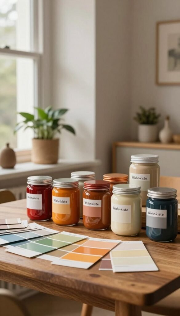 A beautifully curated interior space showcasing various paint swatches for walls, arranged elegantly on a wooden table. The foreground features a collection of vibrant colors in aesthetically pleasing jars labeled "Wohnkiste," each reflecting a warm, inviting hue. In the middle, a softly lit room with a neutral-toned wall that serves as a backdrop highlights the color combinations. Natural light filters through a large window, casting gentle shadows and enhancing the cozy atmosphere. In the background, plants and tasteful decor elements subtly complement the palette. The overall mood is authentic and warm, reminiscent of a Pinterest-inspired home environment, without any text overlays or distractions.