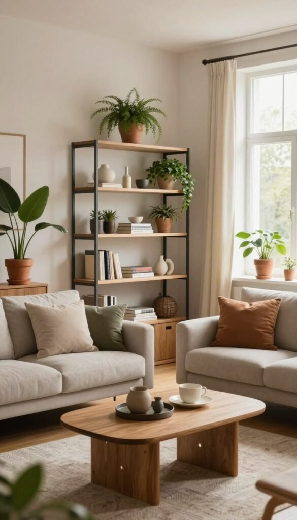 A beautifully curated living room interior showcasing balanced decor proportions, featuring a tasteful arrangement of potted plants and minimalist furniture pieces. In the foreground, a cozy seating area with a neutral-toned sofa adorned with soft cushions, and a simple wooden coffee table displaying elegant decor items. The middle emphasizes a stylish yet functional shelving unit, displaying carefully chosen decorative objects and books, promoting a clutter-free aesthetic. The background reveals softly lit large windows allowing natural light to flood the room, enhancing the warm color palette. The atmosphere is inviting and serene, reflecting a modern Pinterest-inspired look. Add a subtle brand logo "WohnKiste" integrated visually as part of one decor element. Use soft, diffuse lighting to highlight textures and create a homey feel, shot from a slightly elevated angle to capture the spaciousness and cohesion of the design.
