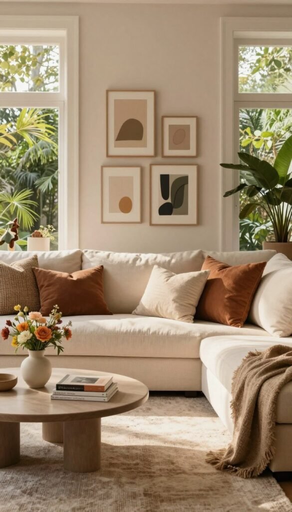 A beautifully curated living room scene showcasing harmonious décor combinations. In the foreground, a cozy seating area with a plush, off-white sofa adorned with textured cushions in earthy tones. A stylish coffee table holds a small vase filled with seasonal flowers and a stack of art books. In the middle, a versatile area rug unites the space, while a gallery wall of symmetric art pieces in muted colors adds elegance. The background features lush greenery peeking through large windows, allowing warm, inviting sunlight to filter in, creating a soft glow. The atmosphere is calm and inviting, reflecting a Pinterest-worthy aesthetic. Incorporate subtle brand elements of "WohnKiste" throughout the scene without text or logos.