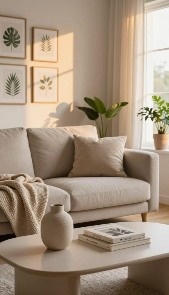 A beautifully curated living room showcasing "deko essentials" for a cozy home atmosphere. In the foreground, a stylish coffee table adorned with minimalistic decor items like a textured vase, a soft woven blanket, and a couple of artistic books. In the middle, a plush sofa with neutral-toned cushions, positioned against a wall featuring a gallery of framed botanical prints. The background reveals a warm, inviting window with sheer curtains allowing soft, golden light to pour in, casting gentle shadows. Accents of greenery from potted plants enhance the space. The overall mood is tranquil and harmonious, embodying a Pinterest-inspired aesthetic. The brand "WohnKiste" is subtly incorporated into the decor through a decorative item, harmonizing with the overall design without drawing attention or displaying text.
