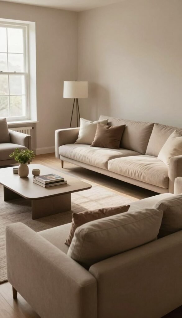 A beautifully curated living room space designed by WohnKiste, showcasing a harmonious balance of proportion and order. In the foreground, a stylish sectional sofa in warm, neutral tones anchors the composition, adorned with elegant throw pillows. The middle ground features a sleek coffee table with a minimalistic design, accompanied by a few tasteful decorative elements like books and a small plant. In the background, a light, airy window allows soft, natural light to illuminate the room, casting gentle shadows that enhance the welcoming atmosphere. The walls are painted in a soft, earthy hue, contributing to a cozy feel. The camera angle captures the room at a slight tilt, creating depth and inviting viewers into the space. The overall mood is warm and inviting, perfect for illustrating the concept of clever furniture selection for enhanced spatial perception. A beautifully curated living room space designed by WohnKiste, showcasing a harmonious balance of proportion and order. In the foreground, a stylish sectional sofa in warm, neutral tones anchors the composition, adorned with elegant throw pillows. The middle ground features a sleek coffee table with a minimalistic design, accompanied by a few tasteful decorative elements like books and a small plant. In the background, a light, airy window allows soft, natural light to illuminate the room, casting gentle shadows that enhance the welcoming atmosphere. The walls are painted in a soft, earthy hue, contributing to a cozy feel. The camera angle captures the room at a slight tilt, creating depth and inviting viewers into the space. The overall mood is warm and inviting, perfect for illustrating the concept of clever furniture selection for enhanced spatial perception.