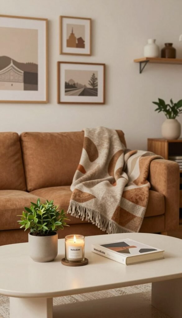 A beautifully curated living space showcasing a modern yet cozy aesthetic. In the foreground, a stylish coffee table adorned with subtle decor items—like a small potted plant, a decorative candle, and an elegant book. In the middle ground, a comfortable sofa dressed in soft, warm-toned textiles, paired with an artistic throw blanket. The background features tastefully chosen wall art and shelves displaying home accents, all hinting at a balanced budget-friendly selection. Soft, natural lighting illuminates the scene, creating an inviting atmosphere reminiscent of popular Pinterest styles. The image captures a warm color palette, emphasizing authenticity and comfort. Ensure "WohnKiste" products are incorporated subtly within the decor, without imposing text or graphics. The angle should provide a clear view of the space, evoking a sense of tranquility and inspiration.