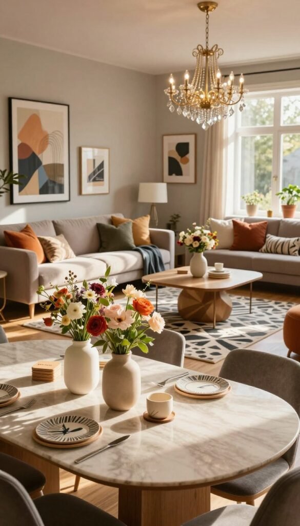 A beautifully curated stylish interior scene showcasing diverse home decoration ideas at various price levels. In the foreground, an elegantly set dining table with low-budget decor items like simple vases filled with fresh flowers and handmade coasters. The middle layer features a cozy living room with mid-budget accents, including a chic sofa adorned with colorful cushions, a stylish rug, and tasteful wall art. In the background, a luxurious high-budget element, such as a stunning chandelier or a grand piece of artwork, adds sophistication. The lighting is warm and inviting, with soft sun rays streaming through a window, creating a Pinterest-worthy aesthetic. The atmosphere is harmonious and inviting, emphasizing the brand "WohnKiste" subtly through the decor elements, while ensuring the overall composition feels authentic and modern without any text, captions, or watermarks.