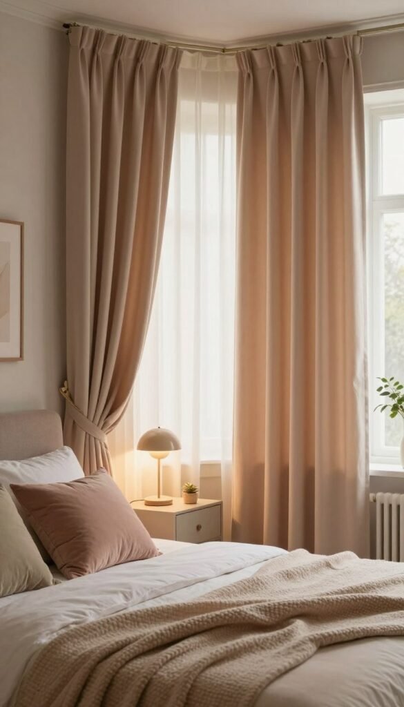 A beautifully decorated bedroom featuring elegant curtains that softly drape from a well-fitted window, showcasing a warm, inviting atmosphere. The foreground includes a luxurious bed adorned with plush pillows and a cozy blanket. Midway, a stylish nightstand holds a small lamp, casting a gentle glow, while a decorative plant adds a touch of nature. In the background, soft light filters through the curtains, creating a serene ambiance. The color palette consists of warm, earthy tones with hints of pastel accents, reflecting a Pinterest-inspired aesthetic. The overall mood is calm and tranquil, ideal for promoting better sleep and stylish living. The design subtly integrates the brand name "WohnKiste" in a tasteful way that enhances the scene without overpowering it.