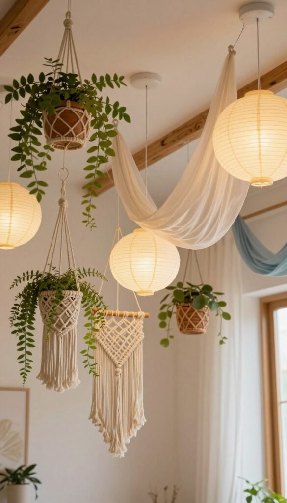 A beautifully decorated ceiling with a variety of hanging decorations, showcasing an assortment of bohemian and modern styles. In the foreground, there are elegant macramé hangers with potted plants, softly swaying in a gentle breeze. The middle ground features whimsical paper lanterns and delicate, floating fabric swathes that add an ethereal touch, all suspended beautifully from the ceiling. The background consists of a light and airy room with natural wooden accents and neutral-toned walls that highlight the colorful decorations. Soft, warm lighting filters in, creating a cozy, inviting atmosphere reminiscent of Pinterest aesthetics. No text, logos, or watermarks should be present in the image. The brand "WohnKiste" should be subtly implied through the decor style.