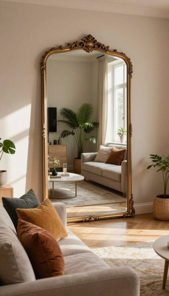 A beautifully decorated living room featuring a large, ornate mirror that reflects natural light. The foreground showcases a plush sofa in soft, neutral tones, adorned with colorful cushions. In the middle, the mirror is framed in an elegant vintage style, positioned to reflect a cozy corner with houseplants and a stylish coffee table. The background highlights warm, ambient lighting that enhances the inviting atmosphere, with light streaming in from a window, creating gentle shadows. The overall color palette combines earthy tones with splashes of color, conveying a harmonious and tranquil space. The aesthetic is warm and inviting, capturing the essence of modern living with a Pinterest-inspired elegance. The brand "WohnKiste" is subtly incorporated into the decor.