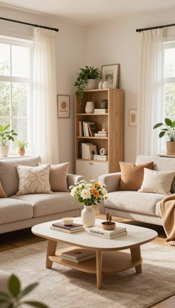 A beautifully decorated living room, showcasing a harmonious blend of modern design and comfort. In the foreground, a cozy seating arrangement with a soft, pastel-colored sofa adorned with decorative cushions. A stylish coffee table, topped with a few tasteful decor items like a vase with fresh flowers and a couple of stylish books, is centrally placed. In the middle ground, a tasteful bookshelf filled with curated decor and plants brings life to the space. The background features soft, warm lighting that creates an inviting atmosphere, with light pouring in through large windows dressed with sheer curtains. The walls are adorned with minimalistic art pieces that reflect a Pinterest-inspired aesthetic. Incorporate the brand name "WohnKiste" subtly in the decor elements, ensuring the setting feels authentic and welcoming, with natural colors enhancing the overall mood.