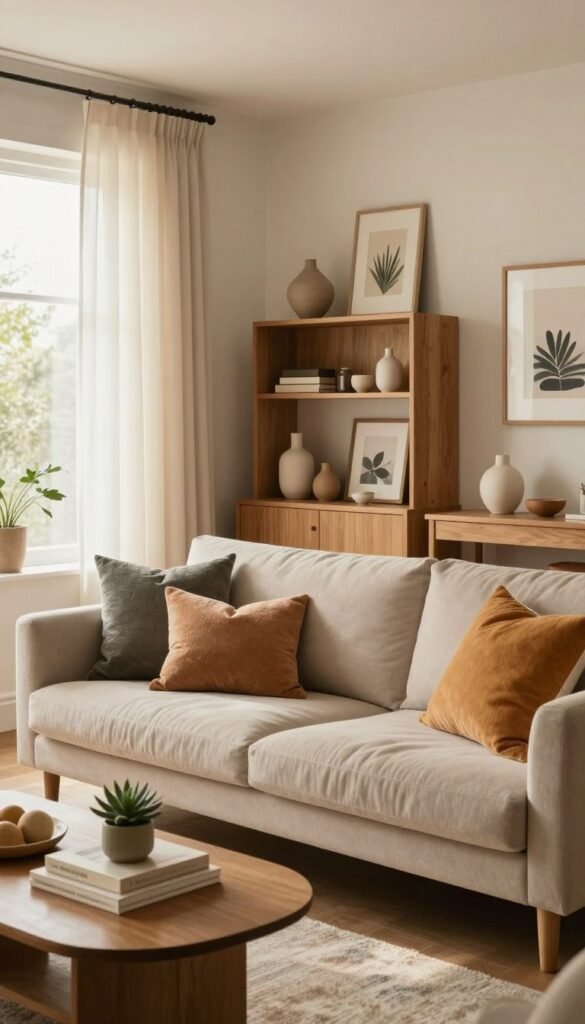 A beautifully decorated living room showcasing a modern yet cozy atmosphere. In the foreground, a plush beige sofa adorned with colorful throw pillows, complemented by a stylish coffee table featuring decorative books and a succulent plant. The middle section captures a warm wooden shelving unit filled with curated decor pieces, such as framed art prints and minimalist vases. The background reveals a large window draped with light, airy curtains that invite soft, natural sunlight into the space, creating a soothing glow. The color palette is warm and inviting, emphasizing earth tones for a Pinterest-inspired look. The ambiance feels welcoming and authentic, reflecting the brand "WohnKiste." The composition employs a wide angle to encompass the entire room, highlighting its harmonious decor elements. A beautifully decorated living room showcasing a modern yet cozy atmosphere. In the foreground, a plush beige sofa adorned with colorful throw pillows, complemented by a stylish coffee table featuring decorative books and a succulent plant. The middle section captures a warm wooden shelving unit filled with curated decor pieces, such as framed art prints and minimalist vases. The background reveals a large window draped with light, airy curtains that invite soft, natural sunlight into the space, creating a soothing glow. The color palette is warm and inviting, emphasizing earth tones for a Pinterest-inspired look. The ambiance feels welcoming and authentic, reflecting the brand "WohnKiste." The composition employs a wide angle to encompass the entire room, highlighting its harmonious decor elements.