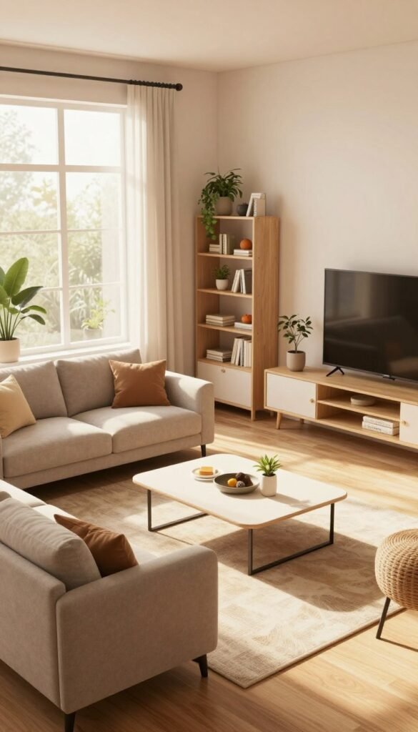 A beautifully designed 3D room layout showcasing a modern living space that embodies smart space utilization. In the foreground, include stylish furniture like a comfy sofa and a sleek coffee table, arranged for optimal interaction. The middle ground features a well-organized shelving unit with decorative plants and books, while the background showcases large windows allowing soft, warm sunlight to filter in, creating a cozy atmosphere. Use a slight overhead angle to capture the entire room for a comprehensive view. Emphasize natural colors with warm tones, reflecting the Pinterest aesthetic. Add subtle branding elements of "WohnKiste" integrated naturally within the room. The overall mood should be calm and inviting, illustrating how a well-planned room can significantly reduce daily stress.