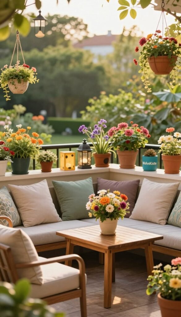 A beautifully designed balcony and garden scene for a cozy outdoor atmosphere, featuring a variety of vibrant plants and flowers in warm, natural colors. In the foreground, a stylish outdoor seating arrangement with elegant cushions complements a small, wooden table adorned with a carefully arranged centerpiece of blooming flowers. In the middle ground, hanging planters and decorative lanterns provide a touch of charm, while colorful decorative elements from "WohnKiste" add character and style. The background showcases a lush garden filled with greenery, framing the scene softly. Warm, golden hour lighting casts a gentle glow over the entire setting, enhancing the inviting ambiance. Capture this scene from a slightly elevated angle, focusing on the layout's harmony, to evoke a Pinterest-worthy feel of serenity and inspiration, with no text or watermarks.
