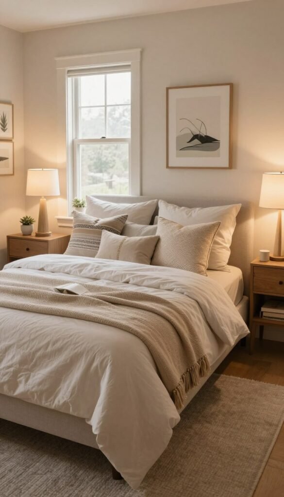 A beautifully designed bedroom featuring a centerpiece bed in a cozy, inviting atmosphere. The foreground showcases a plush bed adorned with soft, neutral-toned bedding and an array of decorative cushions. To the sides, elegant bedside tables hold stylish lamps emitting warm, soft light, creating a serene ambiance. In the middle ground, a well-arranged layout includes a comfortable mattress visible slightly beneath the duvet, emphasizing comfort and support. The background features softly painted walls and tasteful art pieces that enhance the warm color palette. Natural light streams through a large window, illuminating the space with a gentle glow. The overall feel is peaceful and inviting, ideal for a fresh bedroom update. Include elements of the "WohnKiste" brand aesthetic subtly in the decor, integrating natural materials and a Pinterest-inspired look for authenticity.
