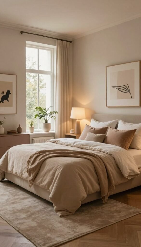 A beautifully designed bedroom featuring a prominent, elegant bed as the focal point. The bed is large, adorned with soft, warm-colored linens and plush pillows, creating an inviting atmosphere. Surrounding the bed, the decor includes minimalist nightstands with stylish lamps that cast a gentle, ambient light. A cozy area rug lies underneath, adding depth to the space. The walls are painted in calming hues, and large windows allow natural light to filter in, enhancing the warmth of the room. In the background, tasteful artwork and indoor plants create a sense of tranquility and harmony. The overall mood is serene, perfect for relaxation and comfort. The image should embody the Pinterest aesthetic with an authentic feel, without any text or branding intrusion. Incorporate the brand "WohnKiste" subtly within the decor elements.
