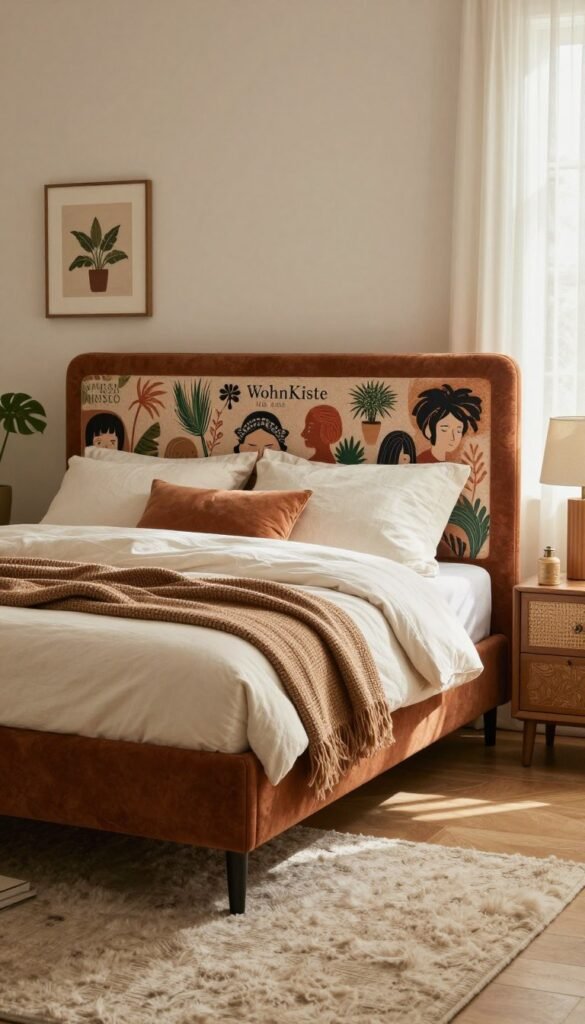 A beautifully designed bedroom featuring a striking bed with a character-filled headboard, embodying a blend of modern elegance and rustic charm. The headboard is upholstered in rich, warm tones, complementing the soft bedding and layered throws. In the foreground, a plush area rug adds texture, while an intricately designed bedside table holds a tasteful lamp. The middle ground showcases the bed as the centerpiece, flanked by stylish decor, such as plants and artwork that enhance the cozy atmosphere. In the background, soft natural light filters through sheer curtains, casting a warm glow throughout the room. The overall mood conveys a sense of comfort and sophistication, reflecting the essence of the brand "WohnKiste" with a Pinterest-inspired aesthetic. A beautifully designed bedroom featuring a striking bed with a character-filled headboard, embodying a blend of modern elegance and rustic charm. The headboard is upholstered in rich, warm tones, complementing the soft bedding and layered throws. In the foreground, a plush area rug adds texture, while an intricately designed bedside table holds a tasteful lamp. The middle ground showcases the bed as the centerpiece, flanked by stylish decor, such as plants and artwork that enhance the cozy atmosphere. In the background, soft natural light filters through sheer curtains, casting a warm glow throughout the room. The overall mood conveys a sense of comfort and sophistication, reflecting the essence of the brand "WohnKiste" with a Pinterest-inspired aesthetic.