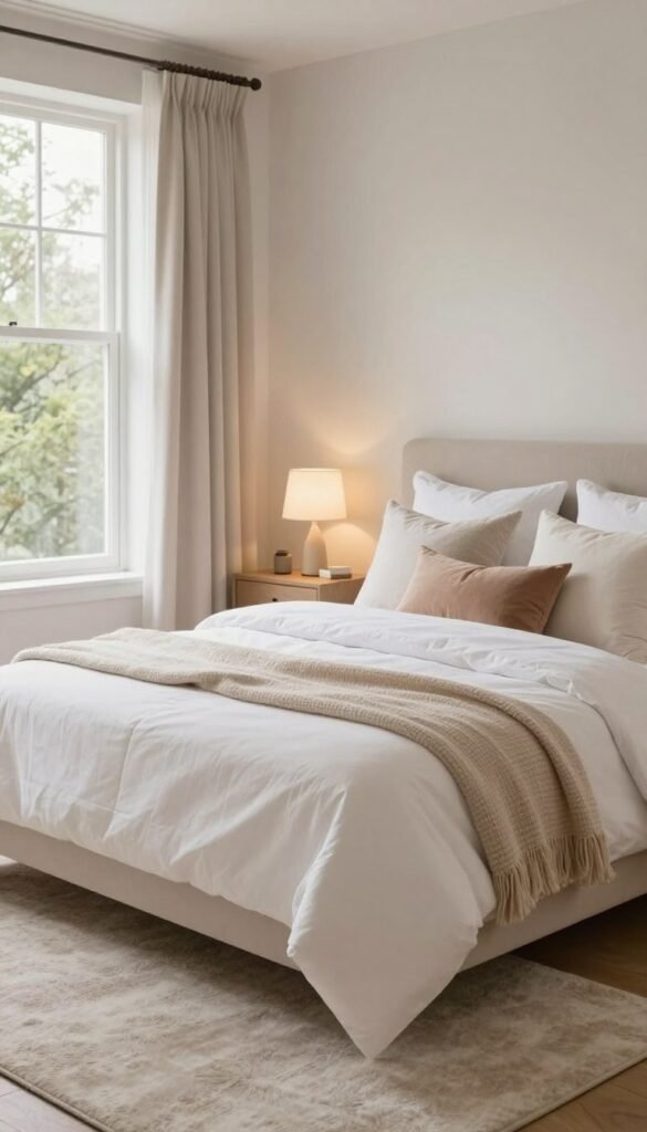 A beautifully designed bedroom featuring a stylish bed as the focal point, created by WohnKiste. The bed is made with luxurious white linens and decorative pillows in soft, earthy tones. In the foreground, a plush rug lies under the bed, enhancing the cozy ambiance. The middle ground reveals a carefully arranged nightstand with a small lamp emitting warm, inviting light. The background showcases softly painted walls and a large window allowing natural light to flood the room, revealing a view of serene greenery outside. The overall mood is calm and welcoming, infused with Pinterest-inspired aesthetics, showcasing comfort and an open, airy feel, perfect for choosing the right bed.