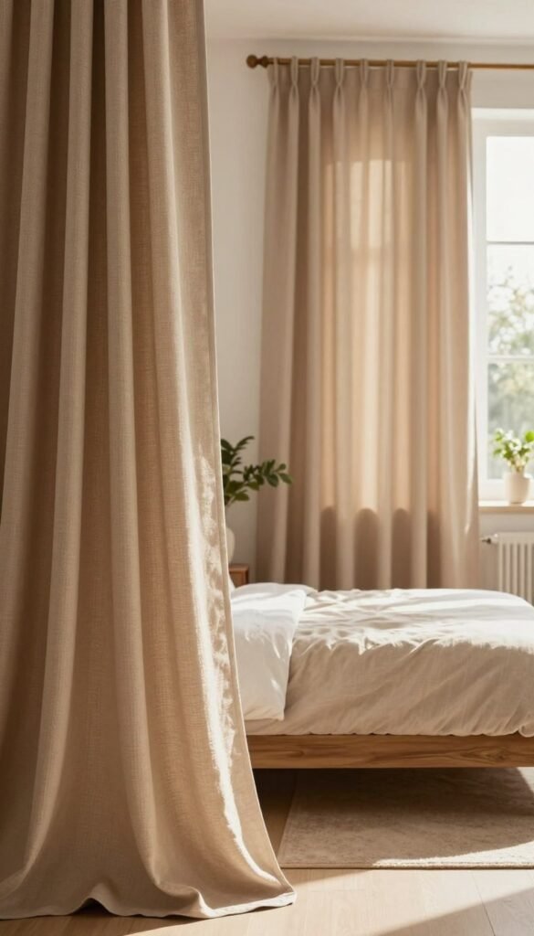 A beautifully designed bedroom featuring elegant curtains (vorhänge) that effectively block out sunlight. In the foreground, soft, textured fabric in warm earth tones cascades gracefully from a polished wooden rod, allowing for a serene ambiance. The middle ground showcases a cozy bed with plush bedding, contrasting artfully against the luxurious curtains, with a subtle touch of greenery from potted plants adding life to the space. In the background, a softly lit window hints at a bright, sunny day outside, emphasizing the effective light-blocking quality of the curtains. The overall atmosphere is tranquil and inviting, designed to promote relaxation and restful sleep. Shot with a warm, diffused lighting effect, creating an inviting Pinterest aesthetic. Brand: WohnKiste.