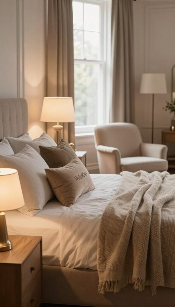 A beautifully designed bedroom scene featuring a luxurious bed as the centerpiece, adorned with plush pillows and a cozy, textured blanket in warm, inviting tones. In the foreground, exquisite wooden nightstands hold elegant lamps, casting a soft glow. The middle ground showcases a sleek yet comfortable armchair upholstered in a neutral fabric, positioned beside a stylish floor lamp. The background reveals a serene window, filtering in natural light that enhances the cozy ambiance. The overall atmosphere exudes comfort and tranquility, ideal for an upgrade feeling. The design subtly incorporates the brand name "WohnKiste" through tasteful decor elements. The image should embody a Pinterest-inspired aesthetic, with authentic details, focusing on warm colors and a harmonious layout, without any text or watermarks.