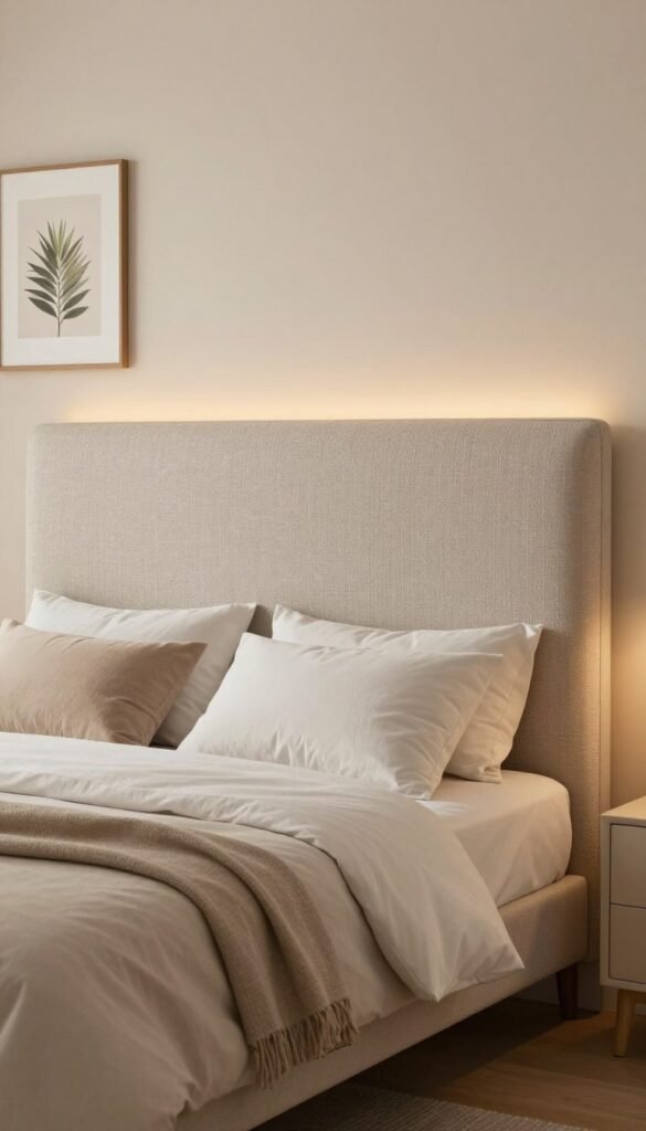 A beautifully designed bedroom scene featuring an elegant Kopfteil (headboard) in a neutral color, accented with soft textures. The foreground showcases a minimalist bed with plush bedding and carefully arranged pillows, creating a cozy atmosphere. The middle layer highlights the unique Kopfteil, embellished with subtle patterns and integrated ambient lighting that casts a warm glow. In the background, a soothing wall color harmonizes with tasteful decor like framed artwork and decorative plants, enhancing the room’s personality while maintaining a clean aesthetic. The warm color palette, inspired by Pinterest aesthetics, invites a sense of calm and comfort. This image embodies authentic design, showcasing WohnKiste's signature style, without any text or distractions.