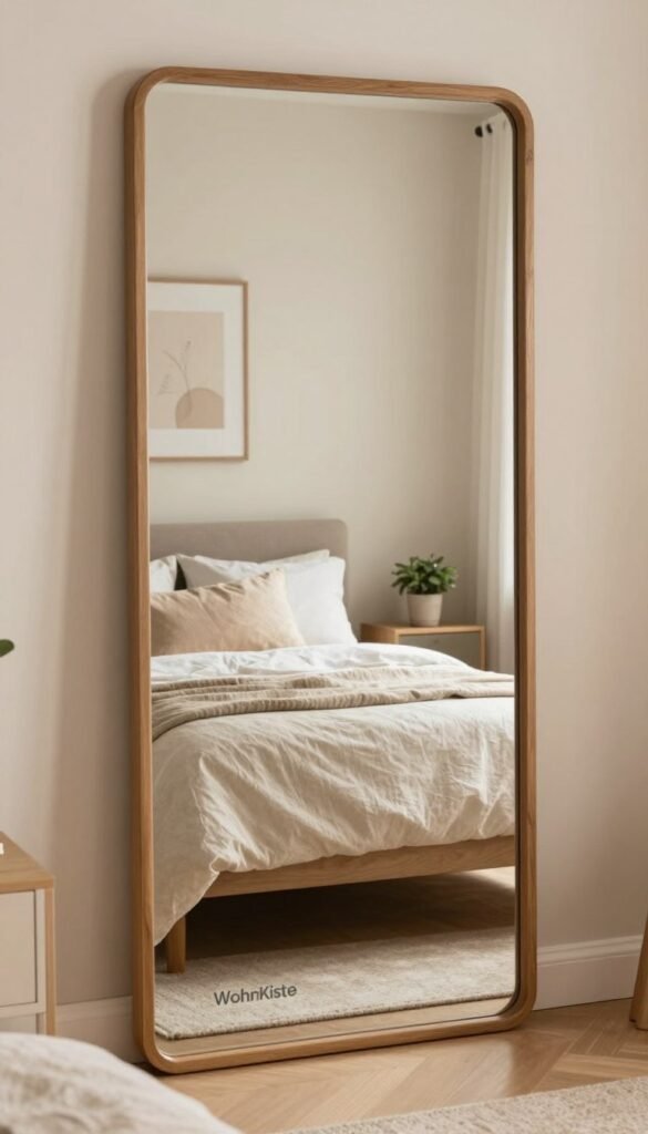 A beautifully designed bedroom scene showcasing a stylish mirror as the centerpiece. The foreground features a chic, modern mirror framed in wood, reflecting soft natural light. In the middle, there's a cozy bed adorned with light linens and gently patterned throw pillows, complemented by minimalist furniture, including a bedside table with a small potted plant. The background reveals a tastefully decorated wall with subtle artwork and warm tones that create a serene atmosphere. The lighting is soft and diffused, evoking a warm, inviting mood, typical of a Pinterest aesthetic. The overall composition is authentic, without any text or branding overlay, representing the brand "WohnKiste" through its choice of elegant design elements and cozy color palette.