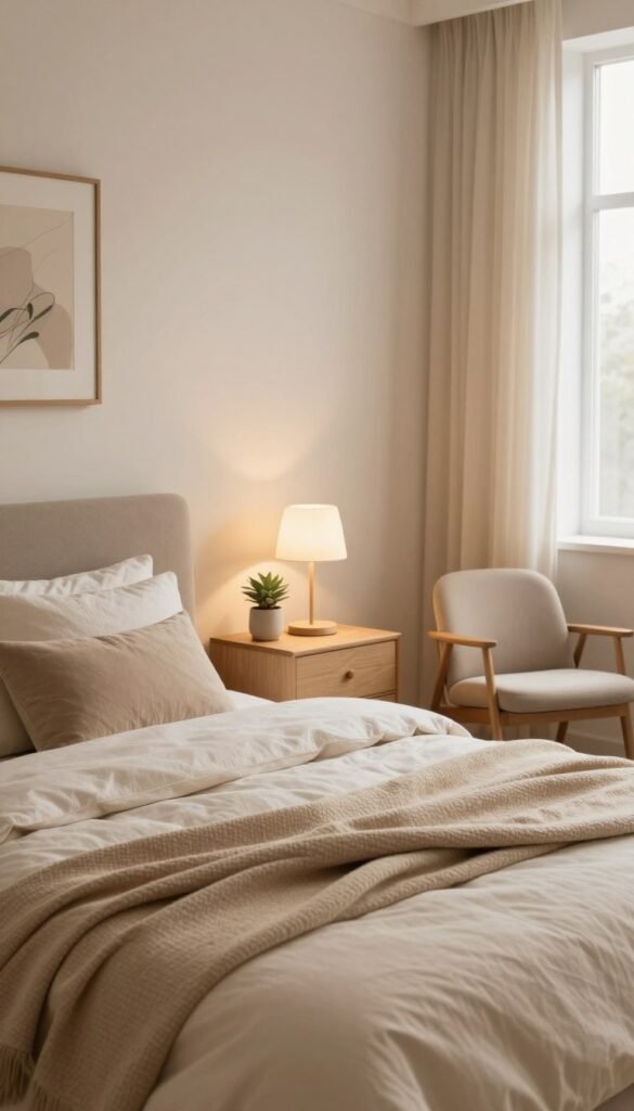 A beautifully designed bedroom that showcases a harmonious balance between rest and activity, reflecting the theme of separation between calm (Yin) and dynamic (Yang) spaces. The foreground features a neatly made bed with soft, beige linens and pillows, accented by a calming throw blanket. In the middle, a stylish nightstand holds a small plant and a modern lamp, providing warm lighting that enhances the tranquil atmosphere. The background includes a window that allows natural light to flood the room, revealing soft curtains that sway gently. Decor elements include artful wall decor and a cozy reading nook with a comfortable chair. The overall color palette consists of warm tones that evoke a sense of peace and authenticity, resembling a Pinterest-inspired aesthetic. The scene must not contain any text. Brand: WohnKiste.