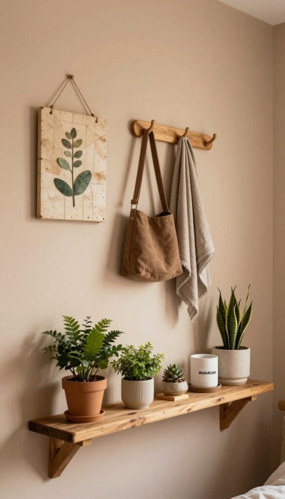 A beautifully designed bedroom wall featuring various functional decor elements. In the foreground, a rustic wooden shelf with elegantly arranged plants and decorative items from the brand "WohnKiste," creating an inviting focal point. In the middle, stylish wall hooks crafted from natural materials, holding items like bags and scarves, while a charming piece of wall art made from recycled materials adds character. The background features soft, warm-colored walls that enhance the cozy atmosphere, illuminated by gentle, diffused lighting to create a serene mood. Angled from a slightly elevated perspective to capture the depth of the space, the image conveys a harmonious blend of functionality and aesthetic appeal, embodying a Pinterest-worthy design. Authentic and free of any text or branding overlays.