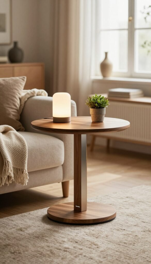 A beautifully designed "beistelltisch" (side table) from the brand "WohnKiste", featuring a modern aesthetic with warm wooden tones and sleek metal accents. The foreground includes a stylish side table placed next to a plush sofa, adorned with a minimalist lamp and a small potted plant. In the middle, a cozy living room setting is portrayed, with soft textures like a knitted throw blanket and elegant decor pieces. The background features a softly lit window, casting gentle, natural light into the room, enhancing the warm color palette. The atmosphere is inviting and sophisticated, perfect for a Pinterest-inspired interior design. The scene captures the essence of practical yet stylish small furniture adding maximum functionality to the living space.