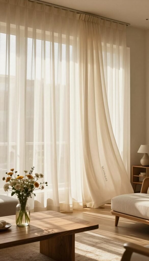 A beautifully designed interior room featuring elegant, sheer curtains softly draping from a large window. In the foreground, a stylish wooden coffee table with a subtle texture holds a vase of fresh flowers. The middle ground showcases the curtains, their gentle play of light and shadow creating an airy atmosphere. In the background, a cozy seating area with tasteful, modern furniture and warm color tones. The lighting is natural, streaming in through the curtains, casting a golden hue across the space, emphasizing comfort and tranquility. The overall mood is inviting and serene, suggesting spaciousness and warmth. Designed in a Pinterest-inspired aesthetic, capturing a natural look without any text, logos or watermarks. Highlight the brand "WohnKiste" subtly integrated into the decor elements.