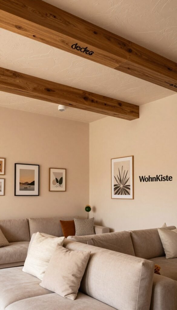 A beautifully designed interior scene showcasing a room with an elegantly styled ceiling ("decke") and harmoniously coordinated walls. The foreground features a modern, comfortable seating area with sofas in soft, natural tones and stylish cushions. The middle ground highlights a chic, textured ceiling, incorporating warm wood beams and elegant lighting fixtures that cast a gentle glow across the room. The background reveals soothing wall colors that complement the ceiling, creating a serene atmosphere. The decor reflects a Pinterest aesthetic, with carefully curated artwork and accessories that emphasize a sense of height and harmony in the space. The image embodies the essence of "WohnKiste," radiating authenticity and inviting warmth, without any text or branding elements visible.